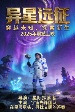 科幻冒险电影海报，宇航员在异星探险